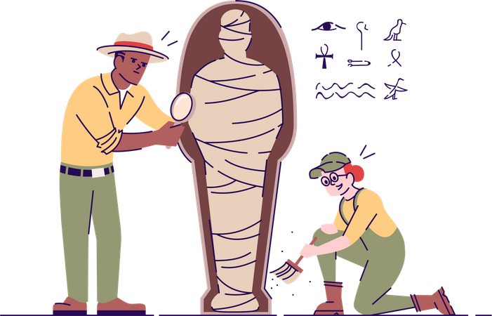 Archaeologists exploring mummy using magnifying glass Illustration