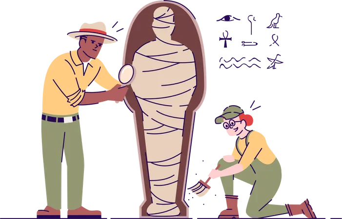 Archaeologists exploring mummy using magnifying glass  Illustration