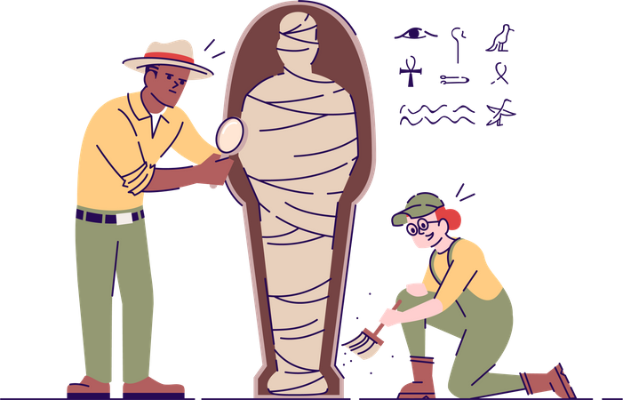 Archaeologists exploring mummy using magnifying glass  Illustration