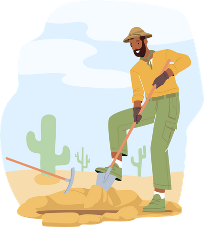 Archeologist Digging Soil with Shovel  Illustration