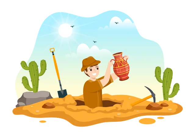 Archeology Illustration With Archaeological Excavation Of Ancient Ruins Artifacts And Dinosaurs Fossil In Flat Cartoon Hand Drawn Templates Illustration