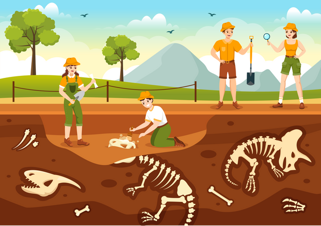 Archeologist group working at fossil excavation site  Illustration