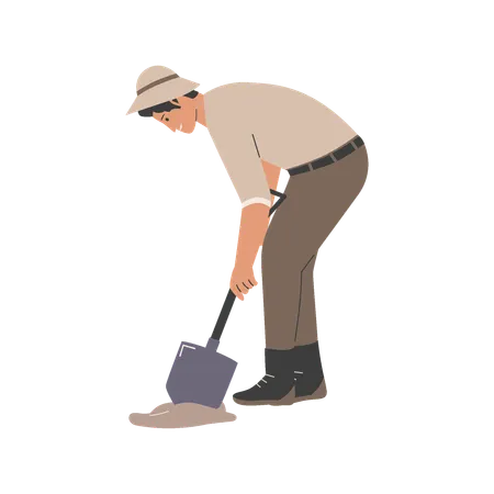 Archeologist man digging using spade  Illustration