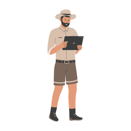Archeologist man holding tablet and doing research  Illustration