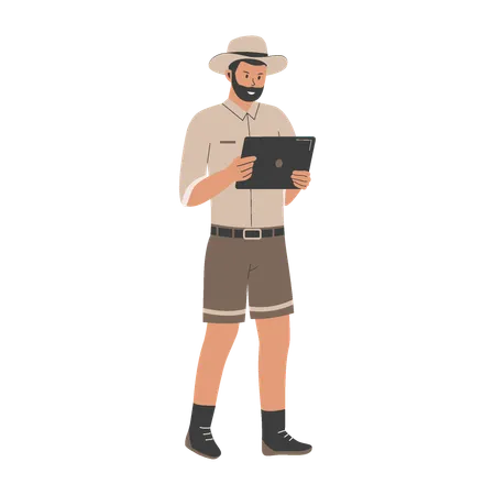 Archeologist man holding tablet and doing research  Illustration