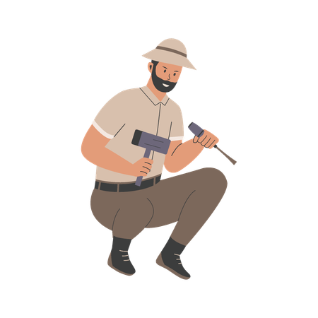 Archeologist man with hammer  Illustration