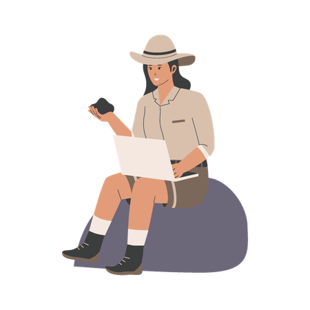 Archeologist woman holding soil while carrying laptop  Illustration