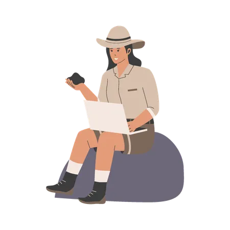 Archeologist woman holding soil while carrying laptop  Illustration