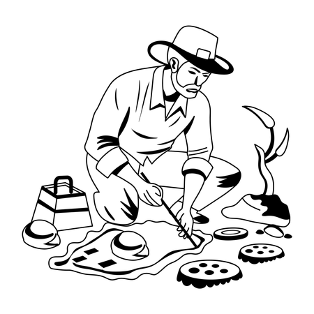 Un archéologue recueille des échantillons du sol  Illustration
