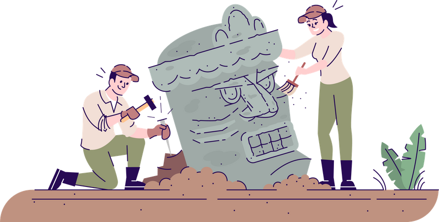 Archéologues recherchant une sculpture ancienne à l'aide d'un marteau et d'un ciseau  Illustration