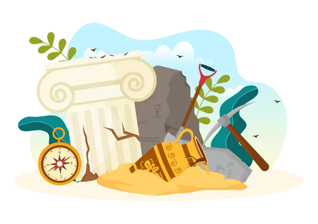 Archeology Vector Illustration With Archaeological Excavation Of Ancient Ruins Artifacts And Dinosaurs Fossil In Flat Cartoon Hand Drawn Templates Illustration