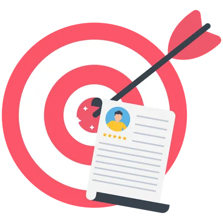 Archer bow hit on bullseye target with chosen candidate resume paper  Illustration