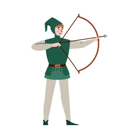 Un archer en tenue médiévale tire une flèche  Illustration