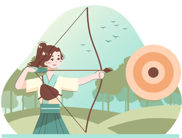 Archer féminin avec arc et flèche  Illustration