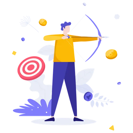 Archer or bowman holding bow and arrow, aiming and shooting  Illustration