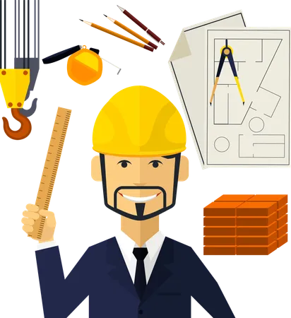 Vertical Portrait Of A Happy Architect Constructor Worker At His Work Place With Tools For Drawing Illustration