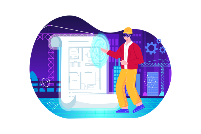 Architect creating house plan using Metaverse Technology  Illustration