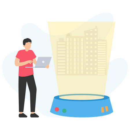Architect designing 3d model of building using holographic projector  Illustration