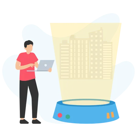Architect designing 3d model of building using holographic projector  Illustration
