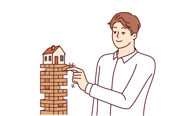 Man Puts House In Danger By Pulling Blocks From Under Building For Concept Of Risky Mortgage Loan Or Pledge Of Real Estate House Needs Insurance And Mortgage Redemption From Credit Bank Illustration