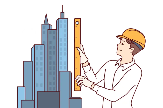 Man Architect Designs Construction Of Skyscraper And Stands Near Models Of Downtown Holding Ruler In Hands Guy Works As Engineer In Construction Business Creating Architectural Plan For New Project Illustration
