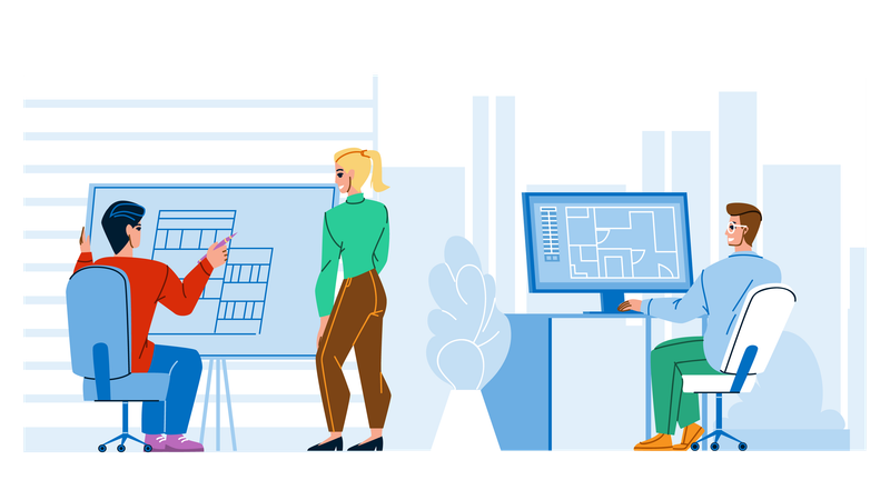 Architect Man And Woman Work At Workspace  Illustration