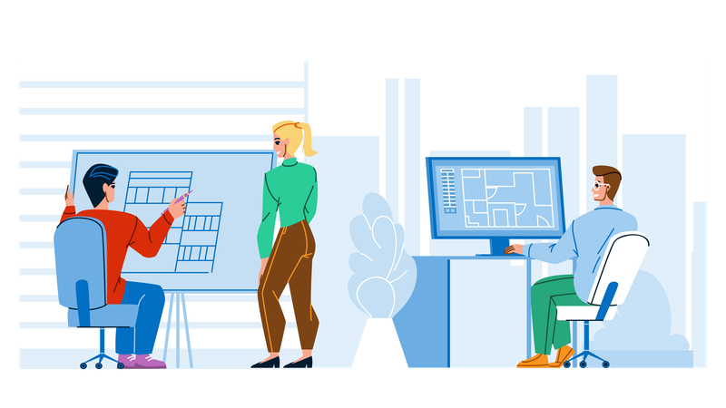 Architect Man And Woman Work At Workspace  Illustration