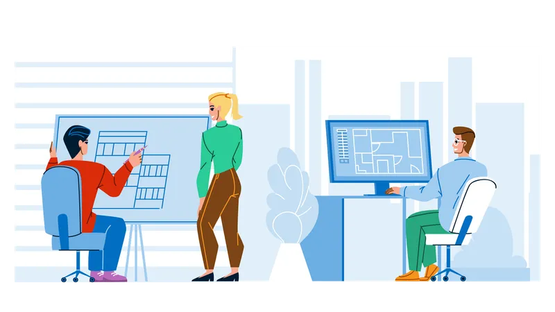 Architect Man And Woman Work At Workspace  Illustration