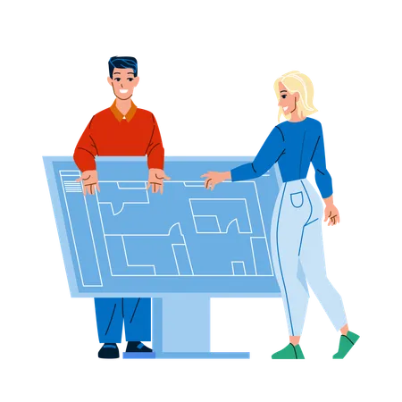 Draft Project Young Man And Woman Designers Vector Boy And Woman Businesspeople Draft Project And Drawing Apartment Plan On Blueprint Characters Occupation Flat Cartoon Illustration Illustration