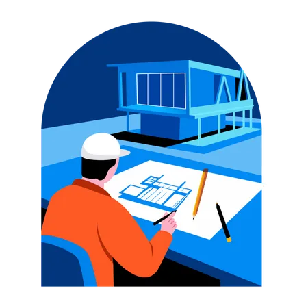 Architect working on blueprint  Illustration