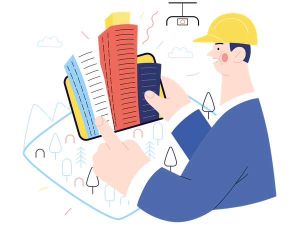 Architect working on Virtual Building Plan Illustration
