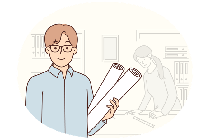 Un architecte debout dans un bureau avec des dessins en main pour faire la publicité de services de construction  Illustration