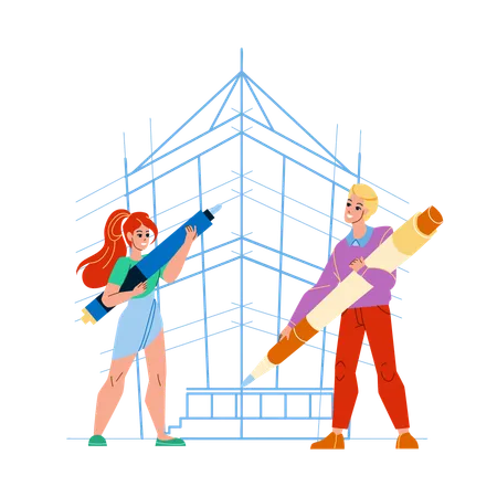 Building Design Man And Woman Architects Vector Young Boy And Girl Designers Building Design Together Characters Drawing On Paper Board Construction With Pencil Flat Cartoon Illustration Illustration