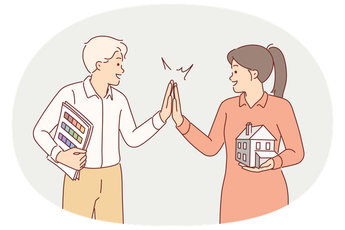 Architects with house layout and palette high five after successfully completing design building  Illustration