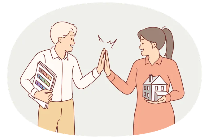 Architects with house layout and palette high five after successfully completing design building  Illustration