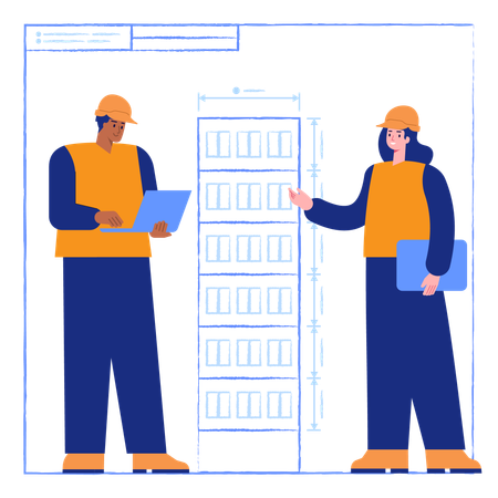 Architektenteam arbeitet mit Bauplänen  Illustration