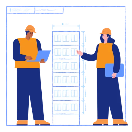 Architektenteam arbeitet mit Bauplänen  Illustration