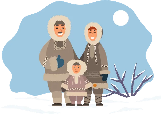 Eskimo Family Mother Father And Son Standing Together On Snowy Landscape Smiling Parents Hugging Little Boy Outdoor Happy Arctic People Wearing Traditional Warm Clothes For Cold Climate Vector 일러스트레이션