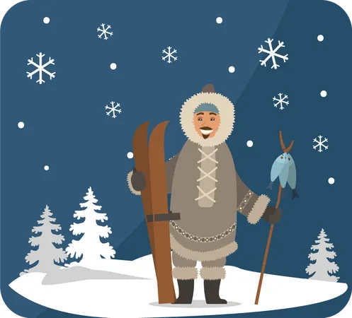 Smiling Eskimo Character In Fur Clothes Holding Wooden Stick With Fish On Snowy Landscape Near Fir Trees And Snowflakes Arctic Postcard With Happy Hunter With Skis Under Snow Falling Weather Vector Illustration