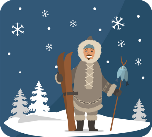 Arctic Hunter With Fish  Illustration