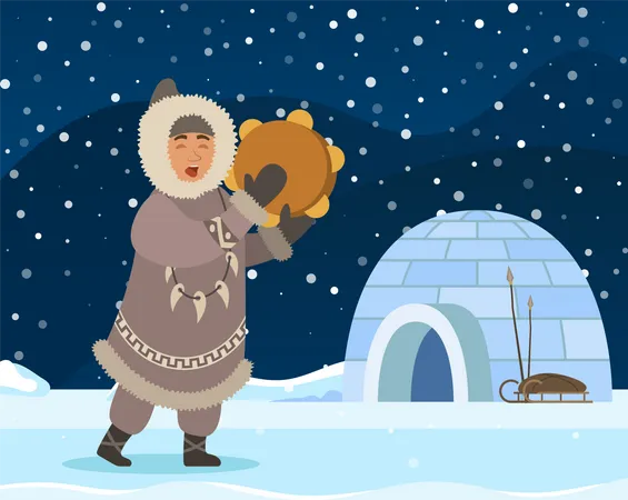Eskimo Man Stand Near Shelter Igloo Indigenous North Person In Warm Clothes Like Coat Gloves And Boots Arctic Guy Doing Traditional Rite With Drum Sound Vector Illustration Beautiful Landscape 일러스트레이션