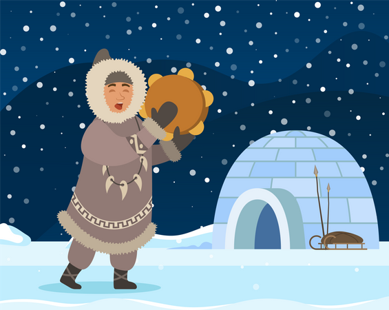 Arctic People Near Shelter Igloo  Illustration