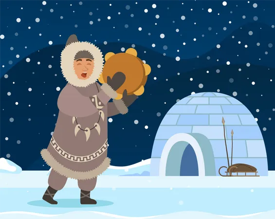 Arctic People Near Shelter Igloo  Illustration