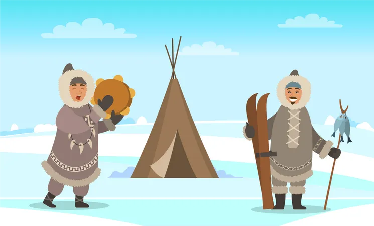 Eskimo Men Standing Near Shelter Like Wigwam Indigenous North People In Warm Clothes Winter Coat Gloves And Boots Arctic Person With Fishes And Skies Vector Illustration Beautiful Landscape 일러스트레이션