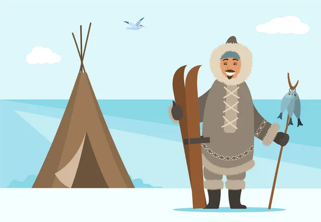 Arctic Person Outdoors Standing By Shelter Holding Ski Equipment And Wooden Stick With Hunted Fish Man Living In Northern Parts Bird Flying At Sky Cold Weather Freezing Climate Vector In Flat Illustration