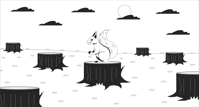 Ardilla perdida y deforestación ambiental  Ilustración