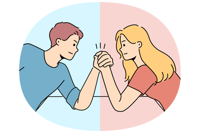 Arm wrestling between couple of man and woman for concept of fighting for leadership in family  Illustration