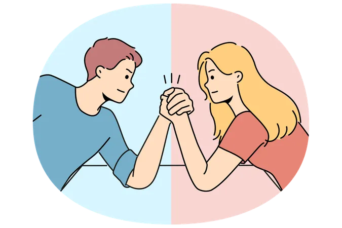 Arm wrestling between couple of man and woman for concept of fighting for leadership in family  Illustration