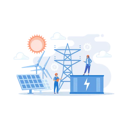 Armazenamento de energia em bateria a partir de estação de energia solar e eólica renovável  Ilustração