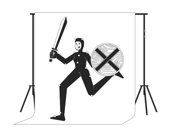 Armored Actress Running On Chromakey Screen Black And White 2 D Line Cartoon Character White Woman In Mo Cap Suit Isolated Vector Outline Person Movie Making Monochromatic Flat Spot Illustration イラスト